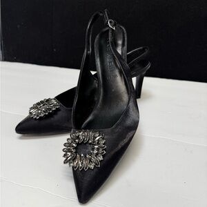 Anne Klein Rachela Black Slingback Rhinestone Satin Formal Shoes - Size 8.5